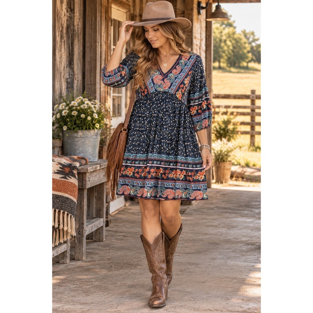 BTFBM Navy Floral V-Neck Dress 3/4 Sleeve Rayon Knee Length Size S